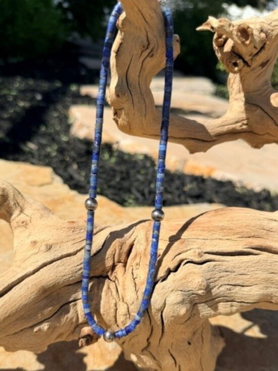 Jewelry - Hand-Strung Blue Lapis and Navajo Pearl Necklace.